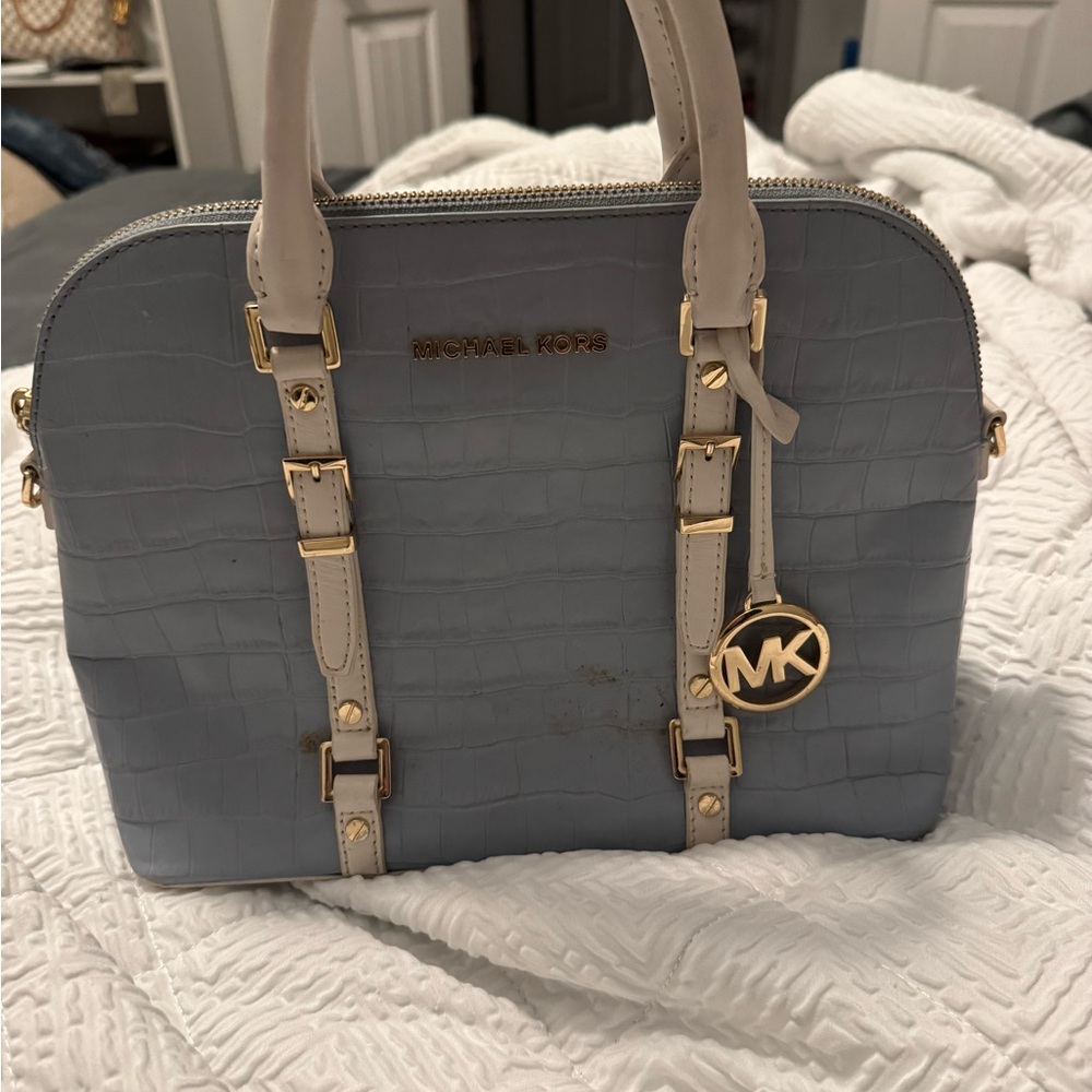 Michael Kors Gray and White Satchel with Gold Hardware